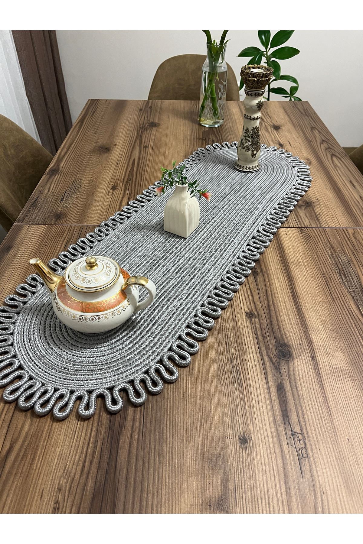 jüt gri kenar trikotlu runner amerikan servis takımı, yemek servisi takımı, çeyizlik, hediyelik