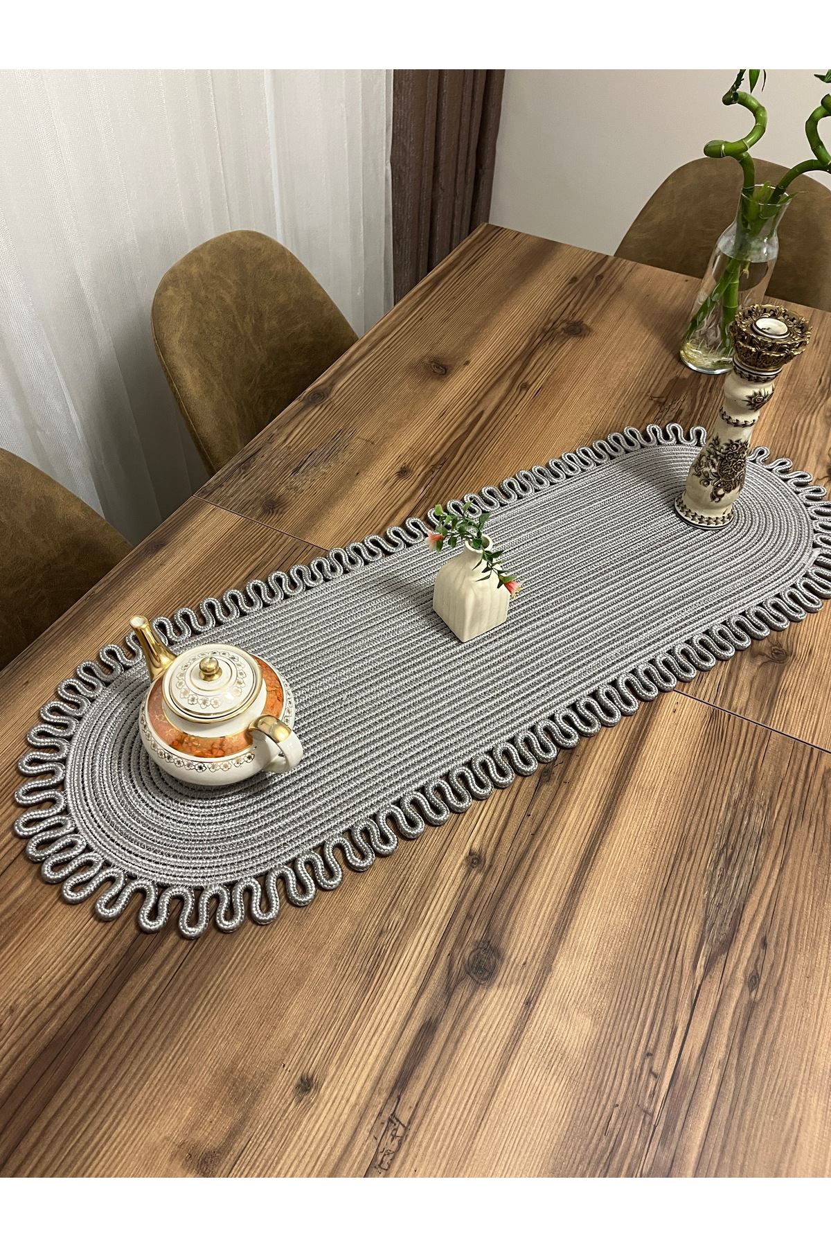 jüt gri kenar trikotlu runner amerikan servis takımı, yemek servisi takımı, çeyizlik, hediyelik