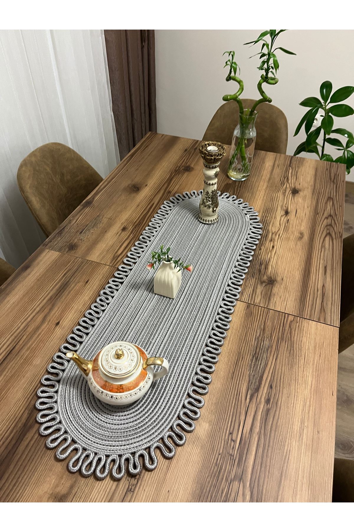 jüt gri kenar trikotlu runner amerikan servis takımı, yemek servisi takımı, çeyizlik, hediyelik