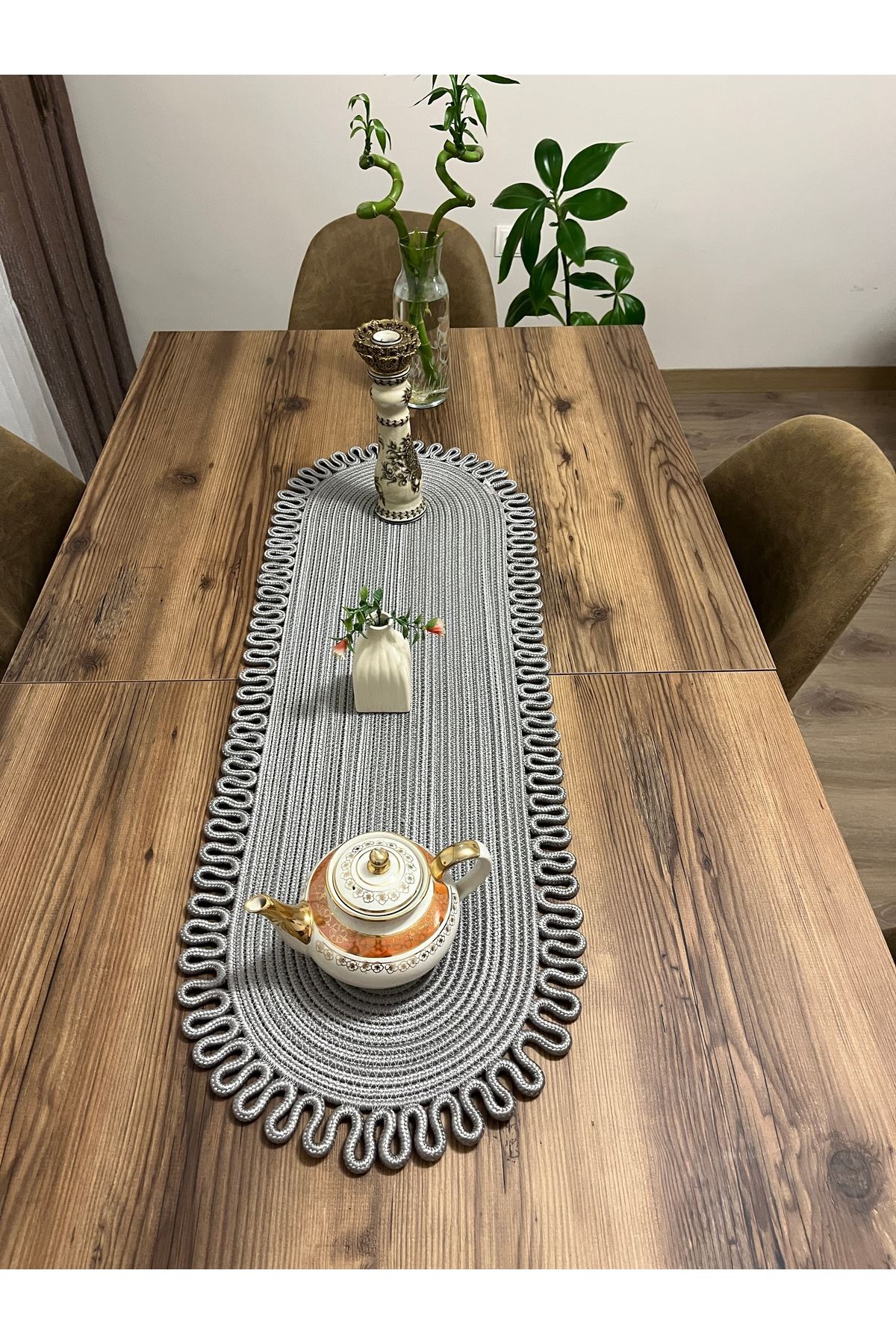 jüt gri kenar trikotlu runner amerikan servis takımı, yemek servisi takımı, çeyizlik, hediyelik