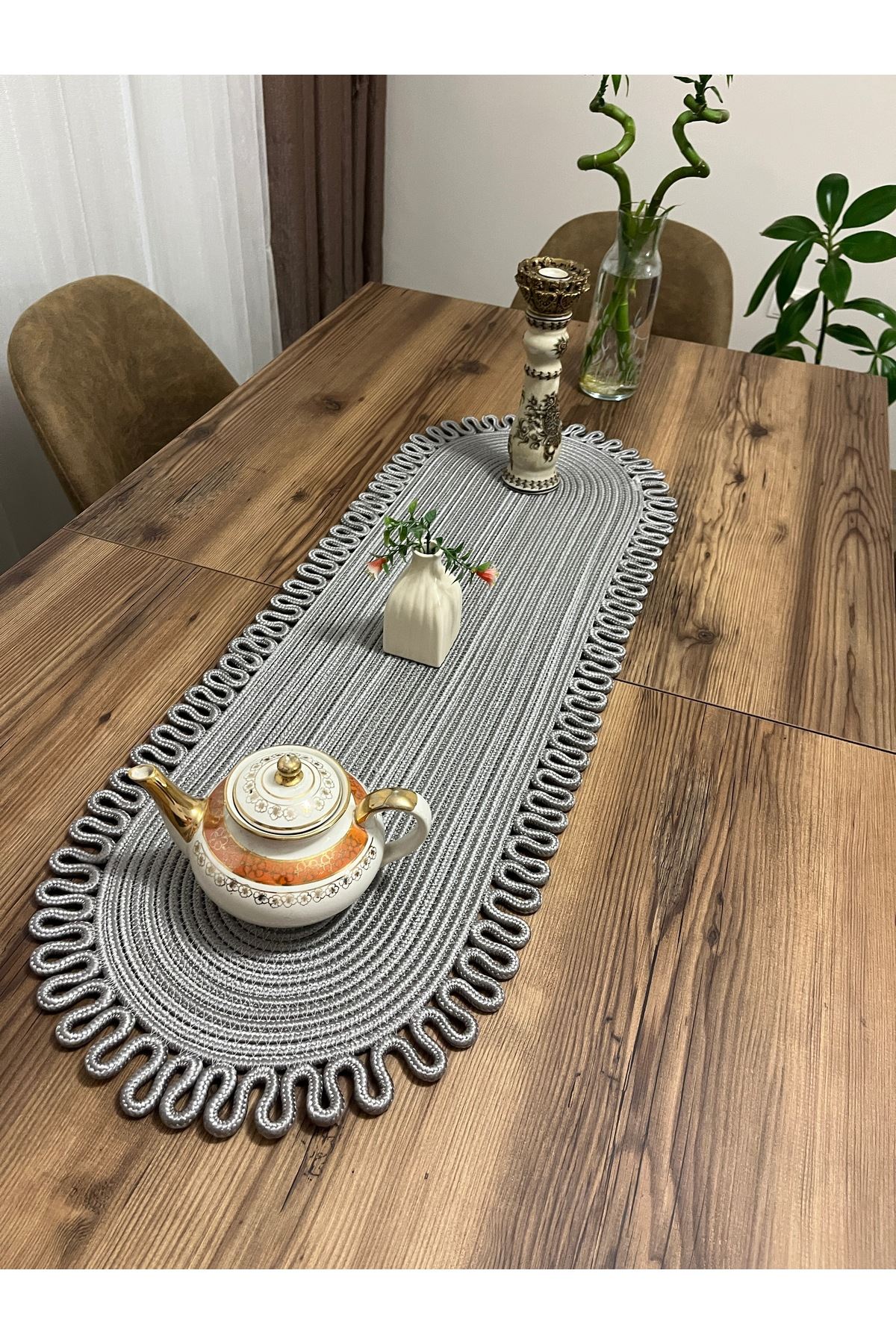 jüt gri kenar trikotlu runner amerikan servis takımı, yemek servisi takımı, çeyizlik, hediyelik