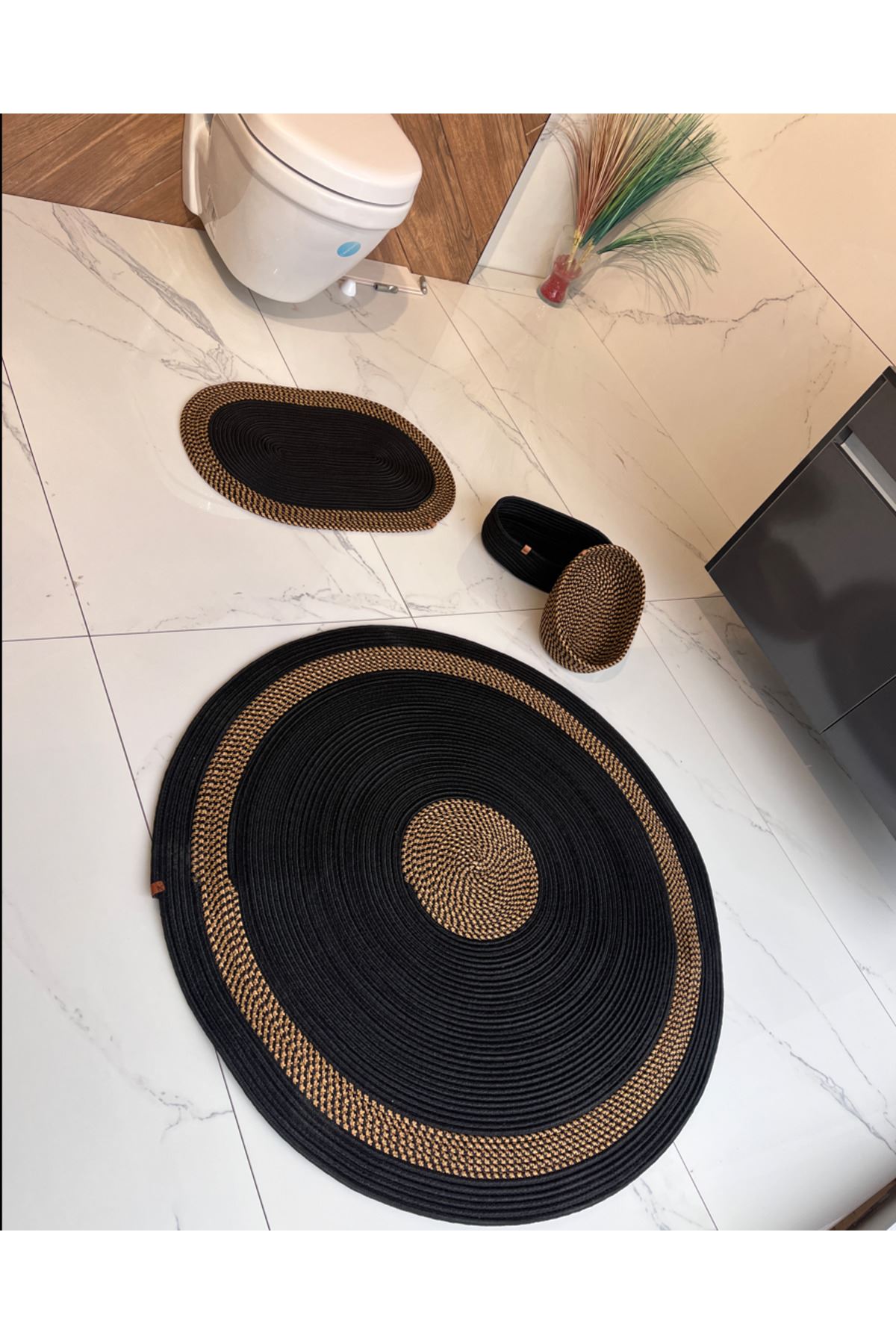 40x60 -80x80 2 Paspas 2 Sepetli Banyo Takım Jüt Gold Kırçıllı Hediyelik Çeyizlik Banyo Takımı