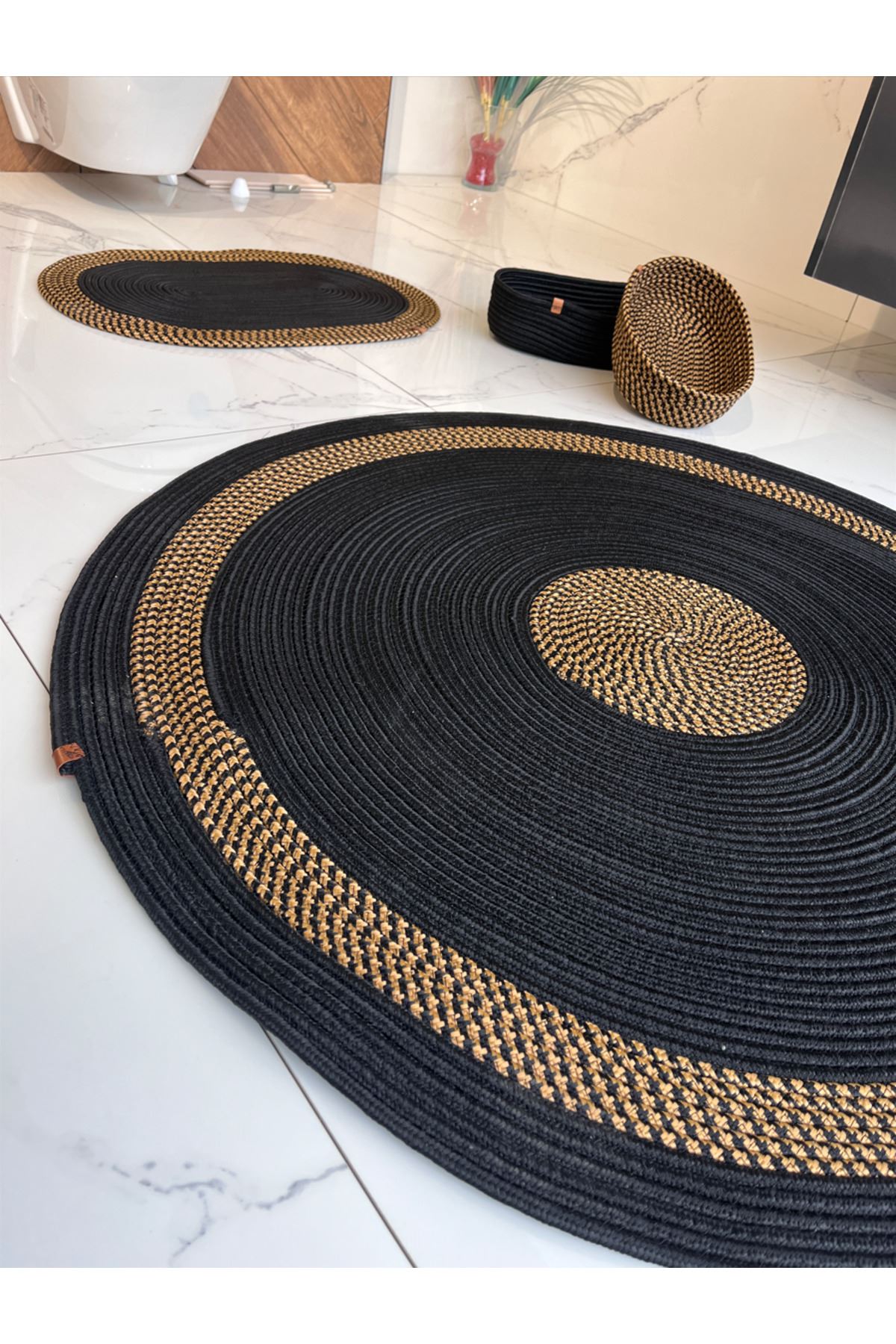 40x60 -80x80 2 Paspas 2 Sepetli Banyo Takım Jüt Gold Kırçıllı Hediyelik Çeyizlik Banyo Takımı