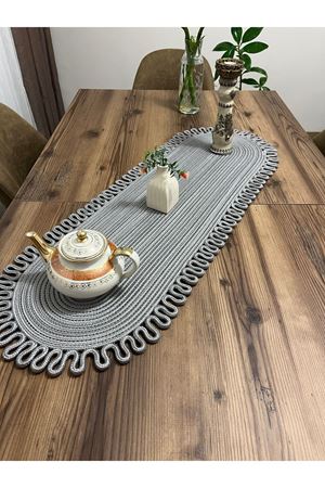 jüt gri kenar trikotlu runner amerikan servis takımı, yemek servisi takımı, çeyizlik, hediyelik