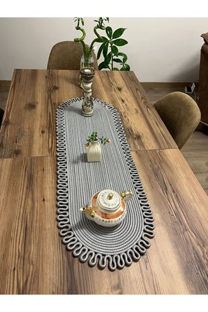 jüt gri kenar trikotlu runner amerikan servis takımı, yemek servisi takımı, çeyizlik, hediyelik