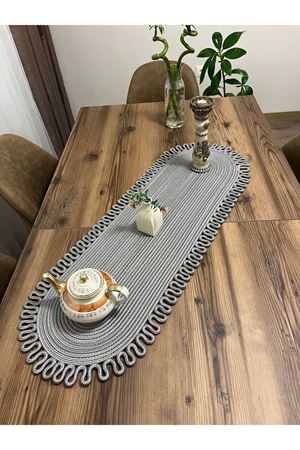 jüt gri kenar trikotlu runner amerikan servis takımı, yemek servisi takımı, çeyizlik, hediyelik