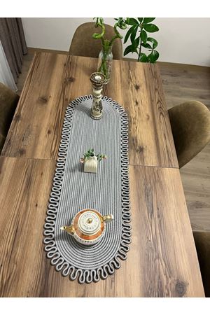 jüt gri kenar trikotlu runner amerikan servis takımı, yemek servisi takımı, çeyizlik, hediyelik
